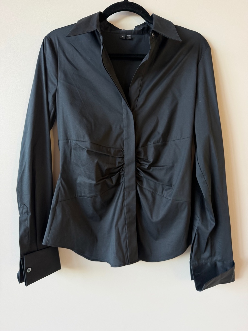 Theory Black Ruched Front Button-Up Shirt